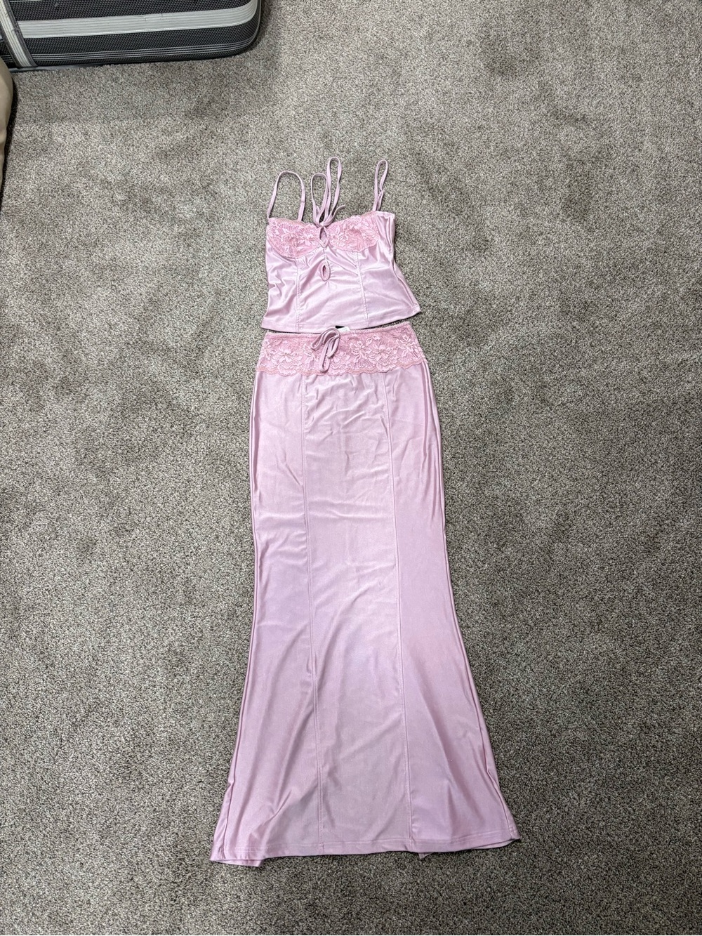 Two-Piece Satin Lace Cami & Skirt Set — Light Pink